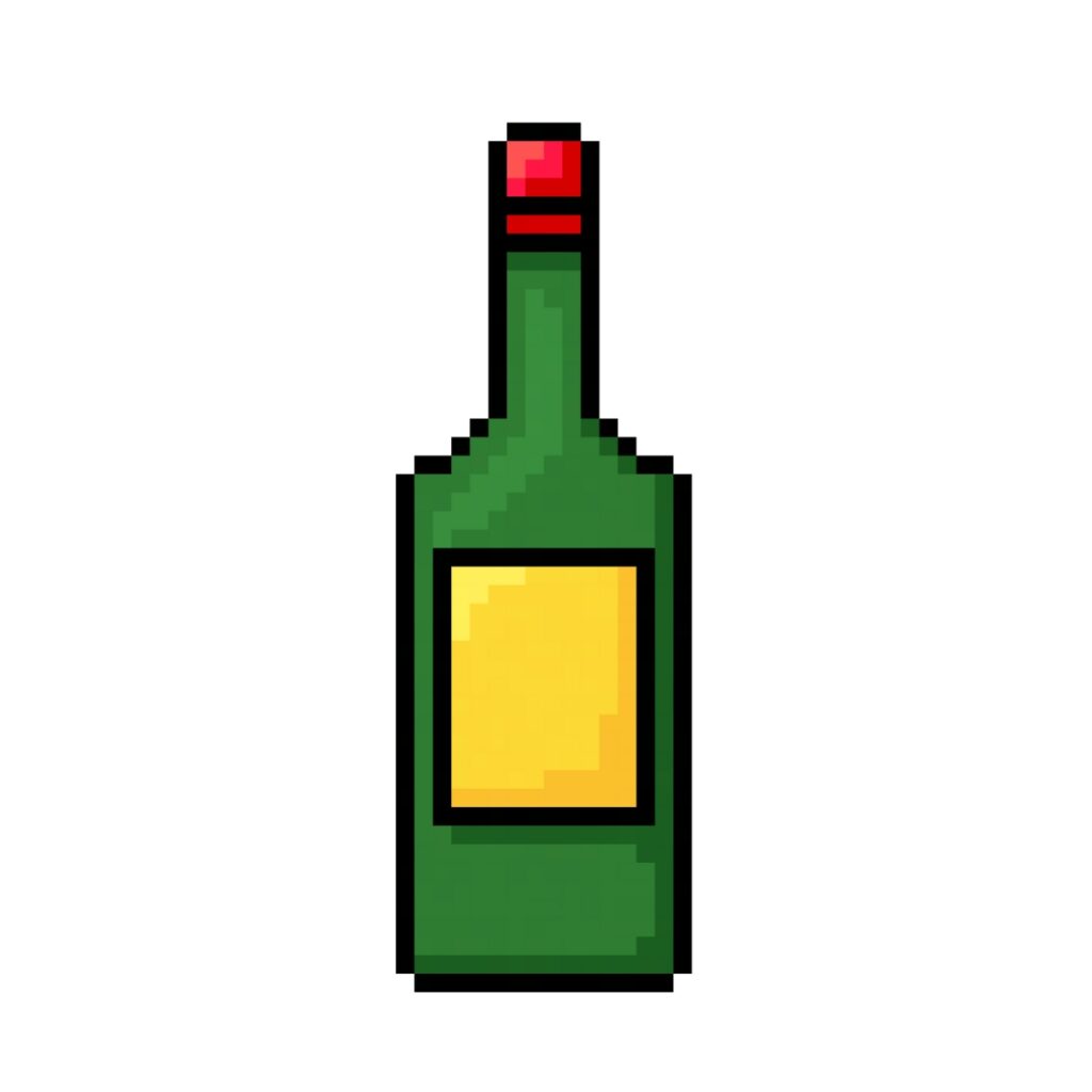 a green wine bottle in pixel art style