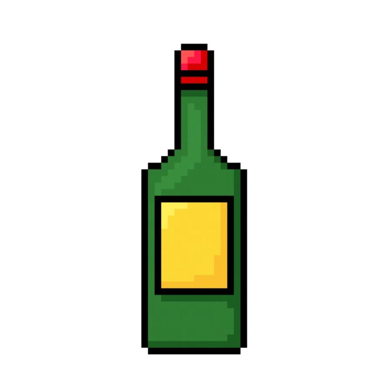 a green wine bottle in pixel art style