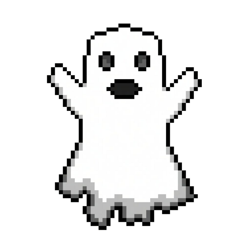 pixel art of a classic white floating ghost