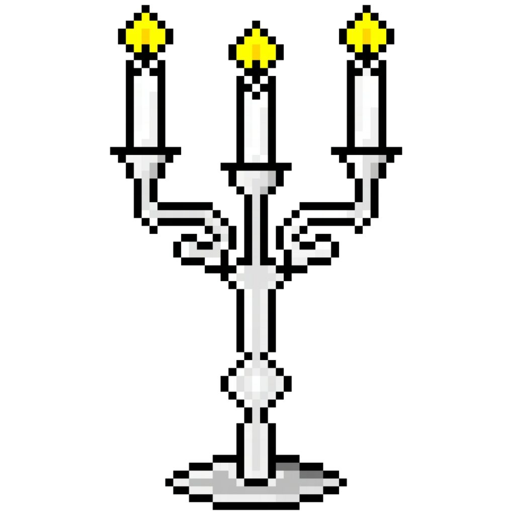 Pixel art of a silver candelabrum with three lit candles