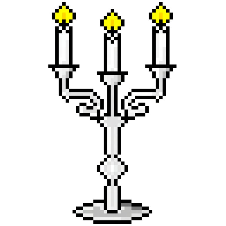 Pixel art of a silver candelabrum with three lit candles