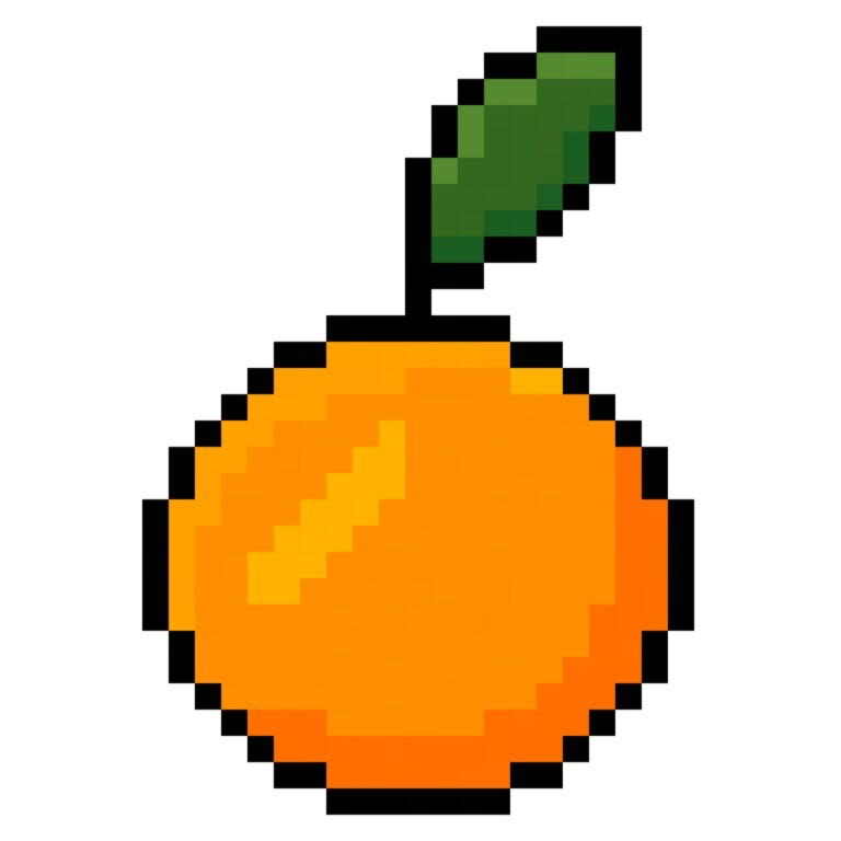 Pixel art of a orange with a green leaf in retro style