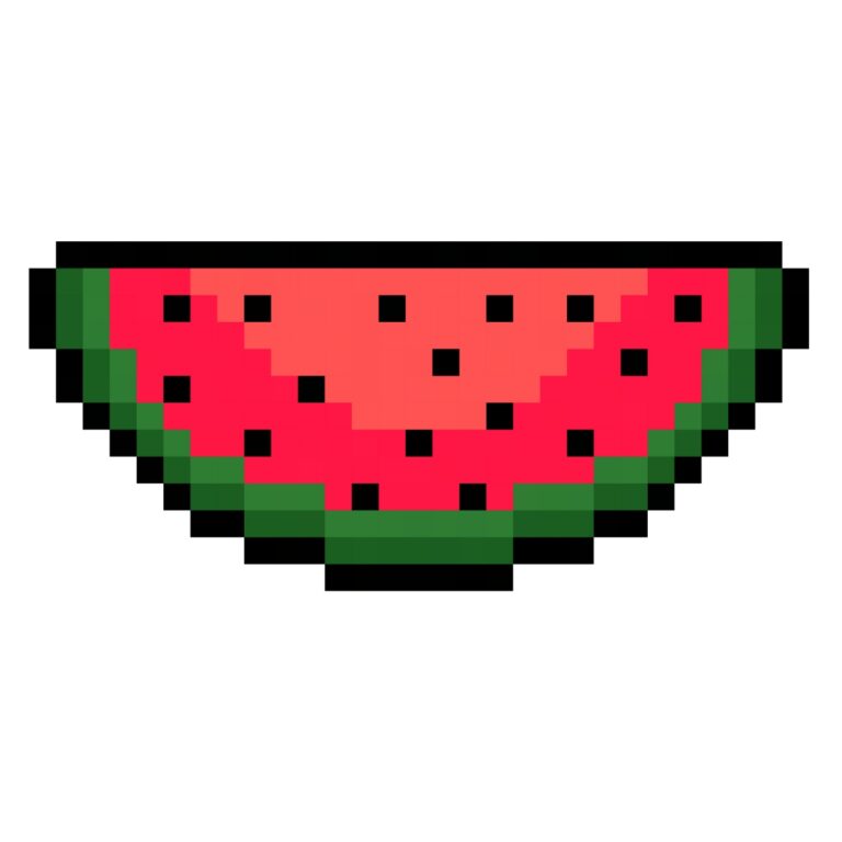 Pixel art of a juicy slice of watermelon in retro style