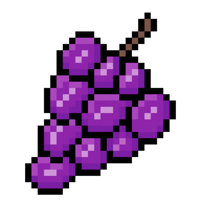 Pixel art of a bunch of purple grapes in retro style