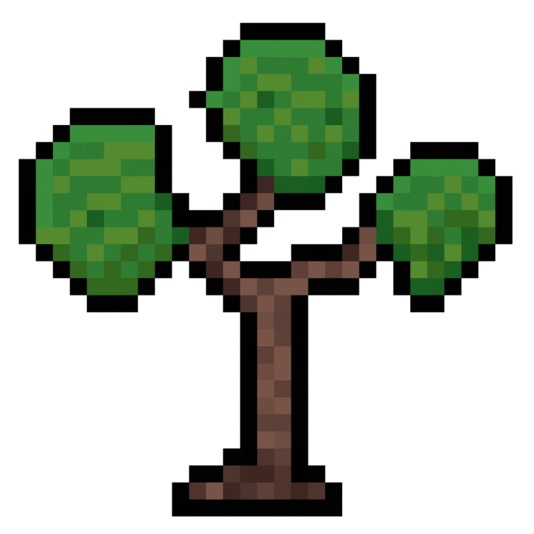 Pixel art of a green tree with branches in retro style