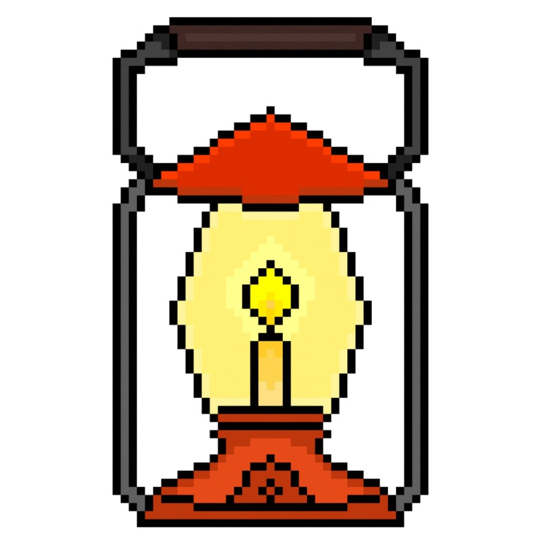 Pixel art of an old-fashioned lantern with a lit candle in retro style