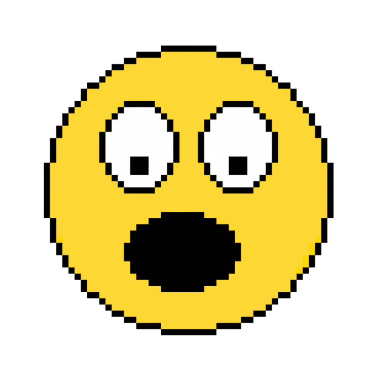 Pixel art of a surprised face emoji in retro style