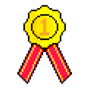 Pixel art of a golden badge with the number one and red ribbons