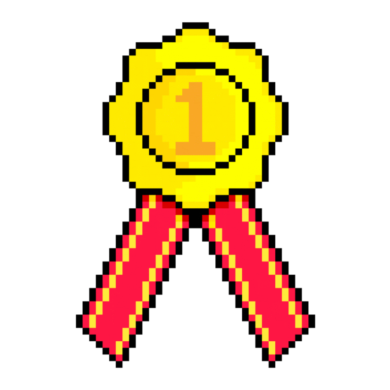 Pixel art of a golden badge with the number one and red ribbons