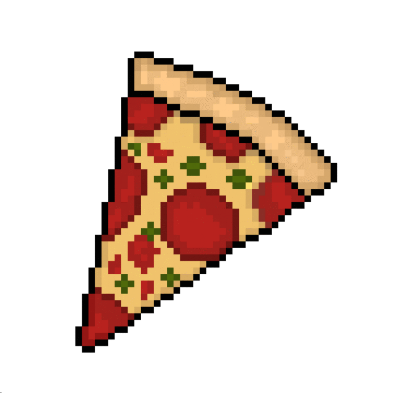 Pixel art of a slice of pepperoni pizza in retro style