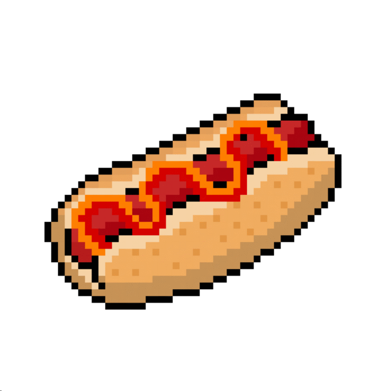 Pixel art of a hot dog with mustard and ketchup in retro style