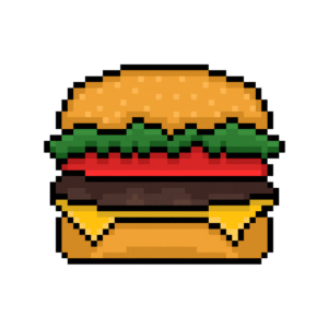 Pixel art of a classic hamburger with beef, lettuce, tomato, and cheese in retro style