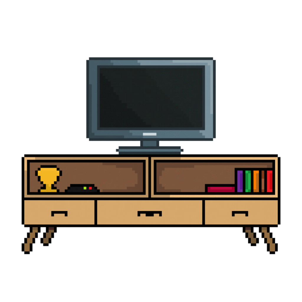 Pixel art of a flat screen TV turned off on a wooden living room cabinet