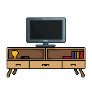 Pixel art of a flat screen TV turned off on a wooden living room cabinet