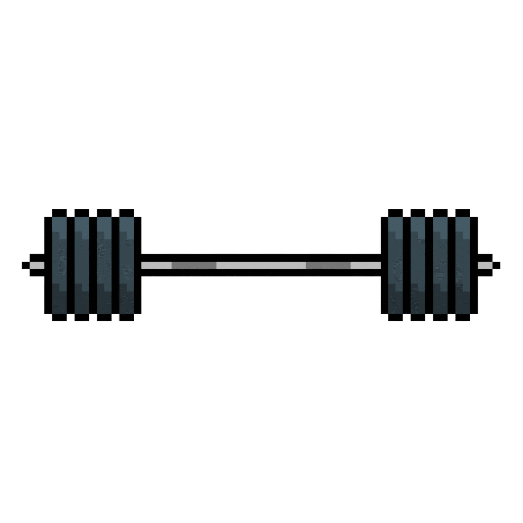 Pixel art of a barbell with weight plates in retro style