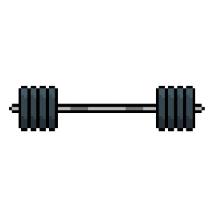 Pixel art of a barbell with weight plates in retro style