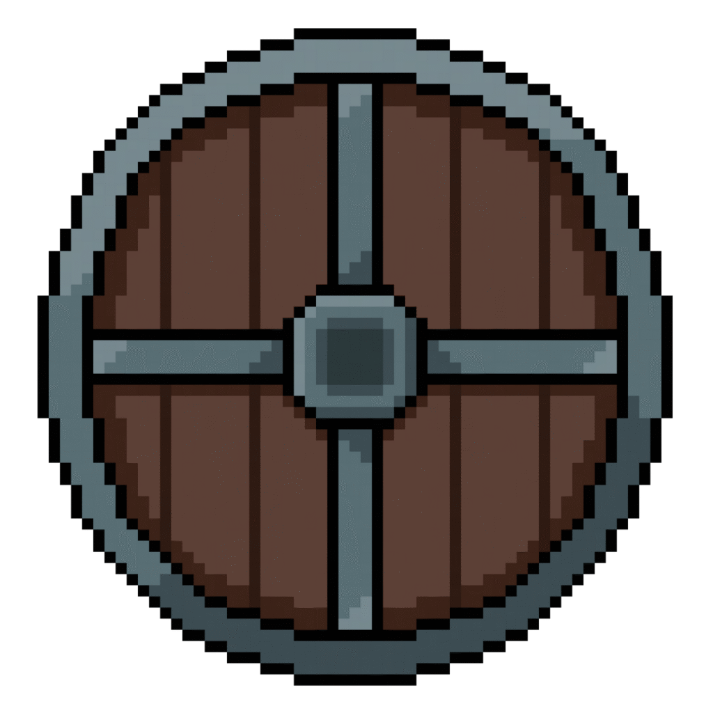 Pixel art of a round Viking shield made of wood and metal in retro style
