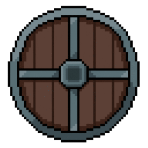 Pixel art of a round Viking shield made of wood and metal in retro style