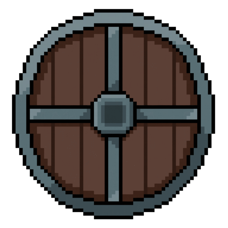 Pixel art of a round Viking shield made of wood and metal in retro style