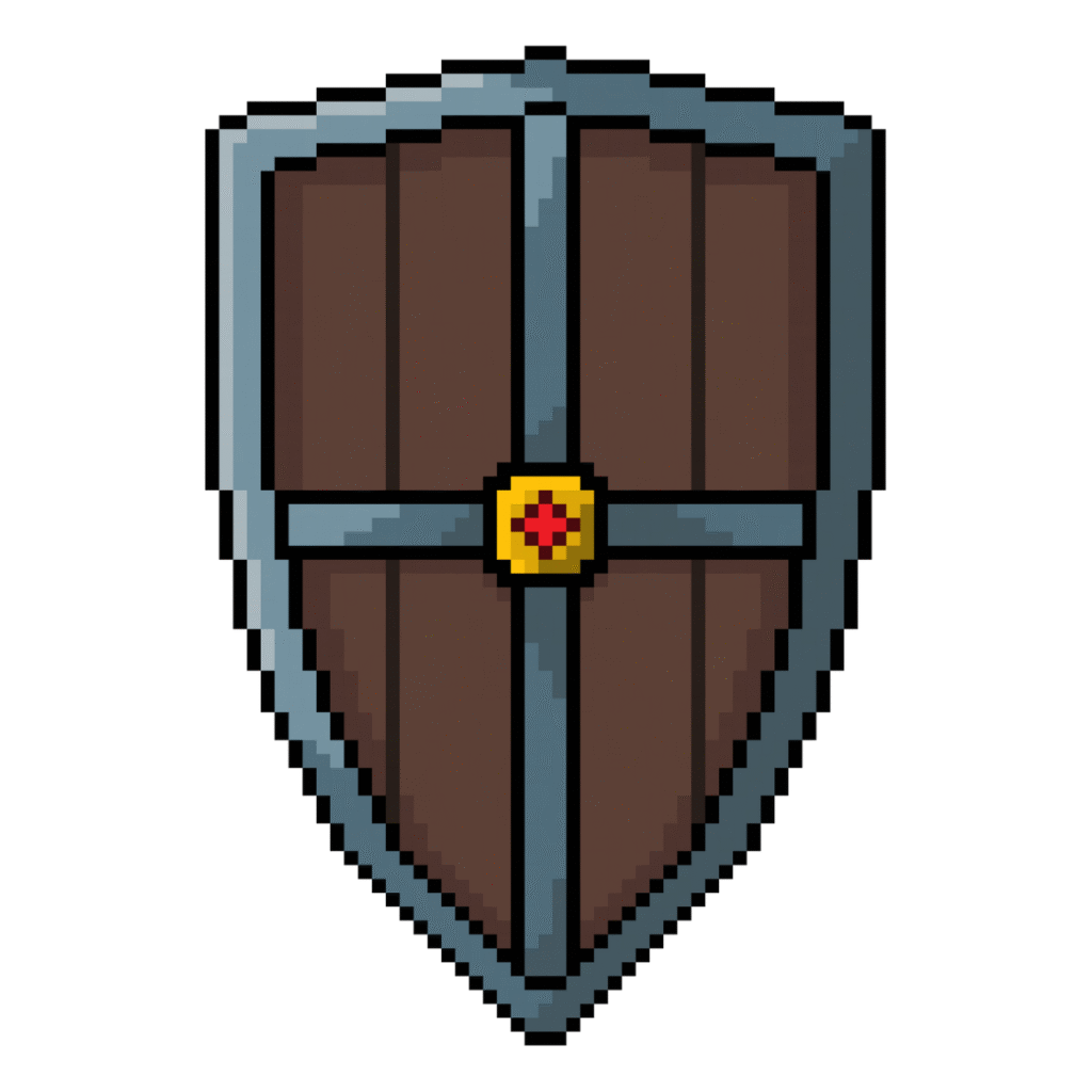 Pixel art of a medieval shield made of wood and iron 