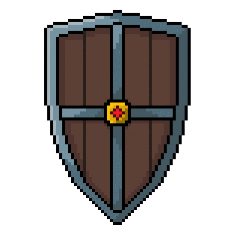 Pixel art of a medieval shield made of wood and iron