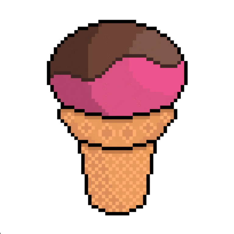 Pixel art of a strawberry ice cream cone dipped in chocolate