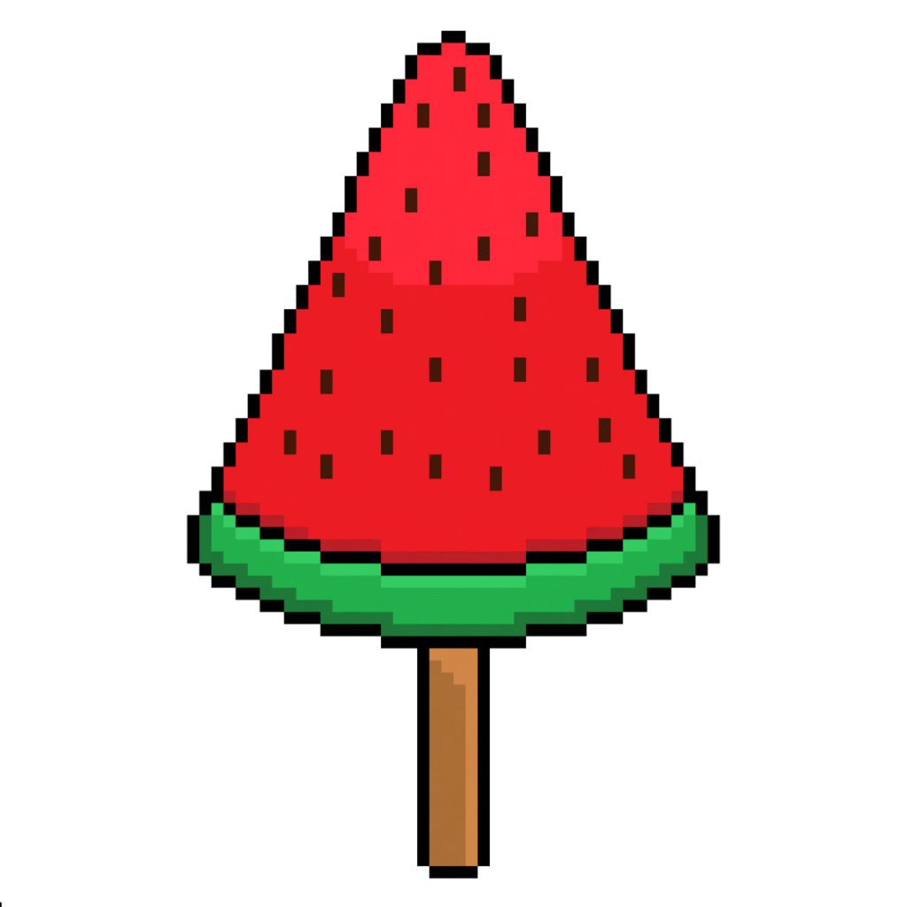 Pixel art of a watermelon-shaped ice cream with chocolate sprinkles