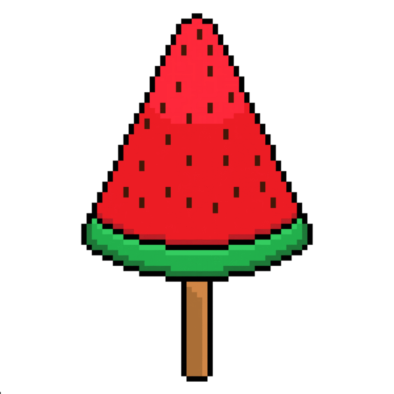 Pixel art of a watermelon-shaped ice cream with chocolate sprinkles