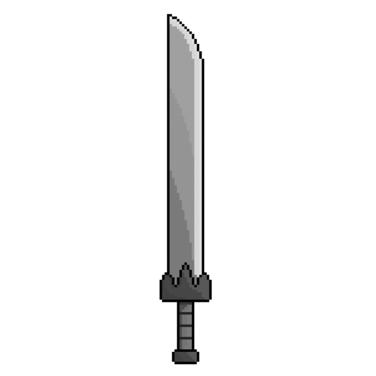 Pixel art of a giant single-edged iron sword in retro style