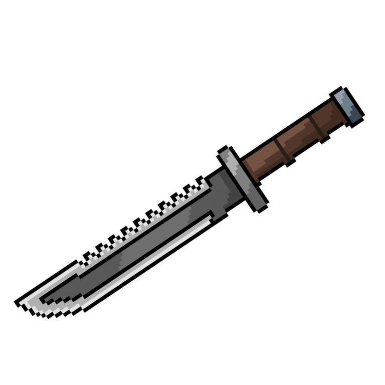 Pixel art of a serrated combat knife in retro style