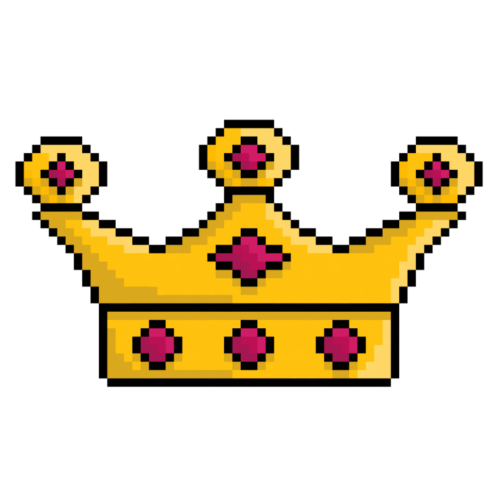 Pixel art of a golden crown decorated with red gems