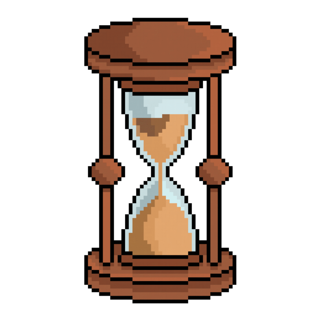 Pixel art of an hourglass with wooden frame