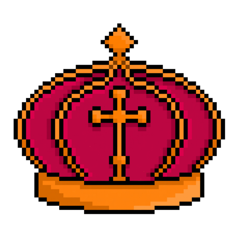Pixel art of a golden crown with red velvet top