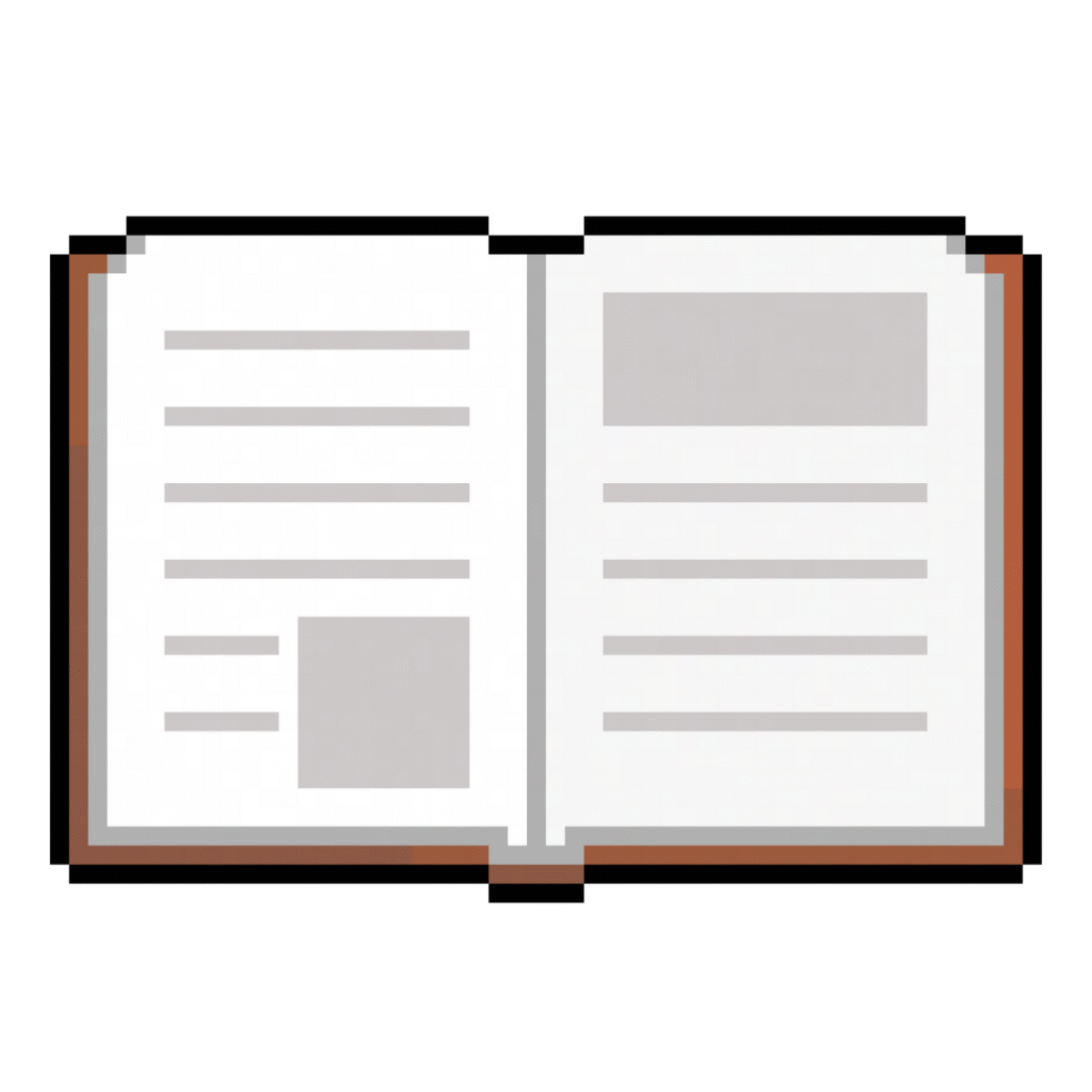 Pixel art of an open book in retro style