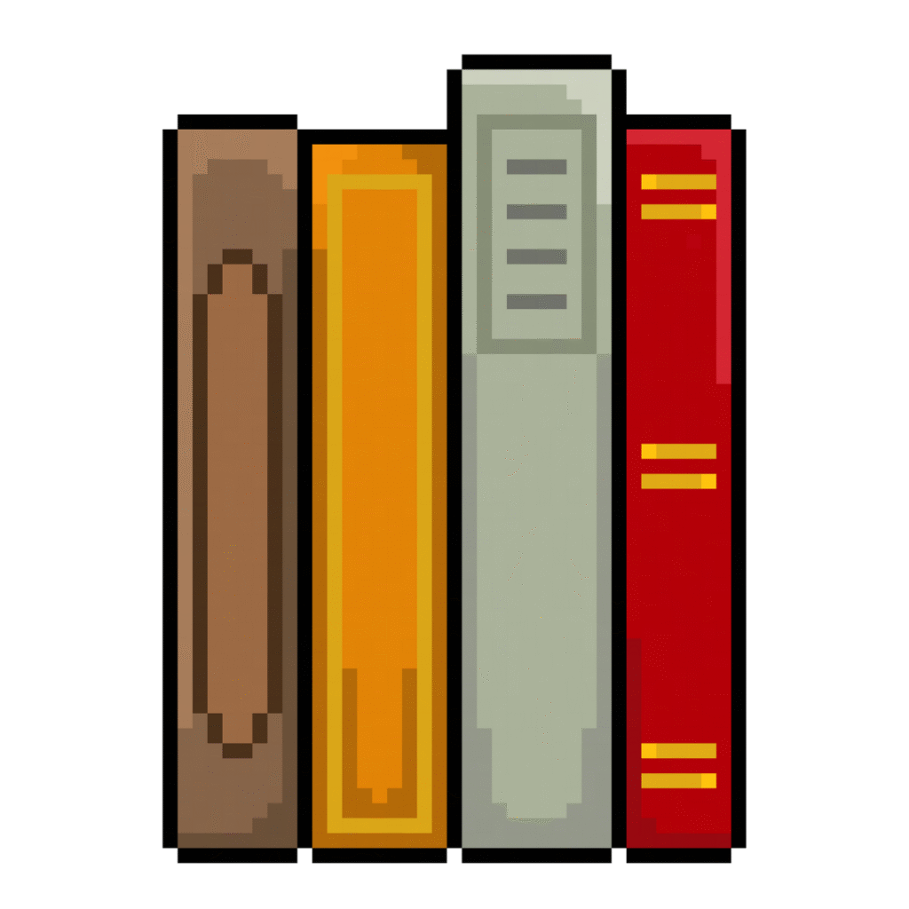 Pixel art of four books in a row showing their back covers