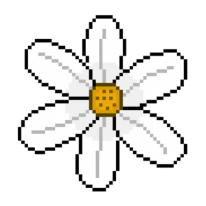 Pixel art of a white-petaled flower with yellow center