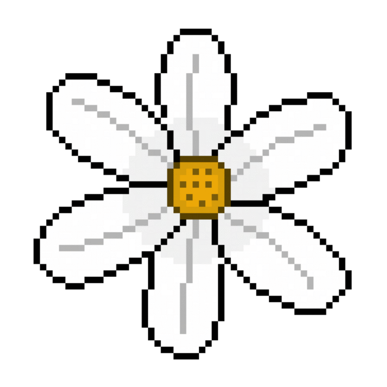 Pixel art of a white-petaled flower with yellow center