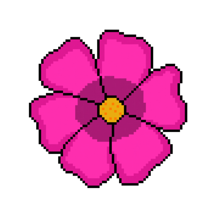 Pixel art of a pink six-petaled flower