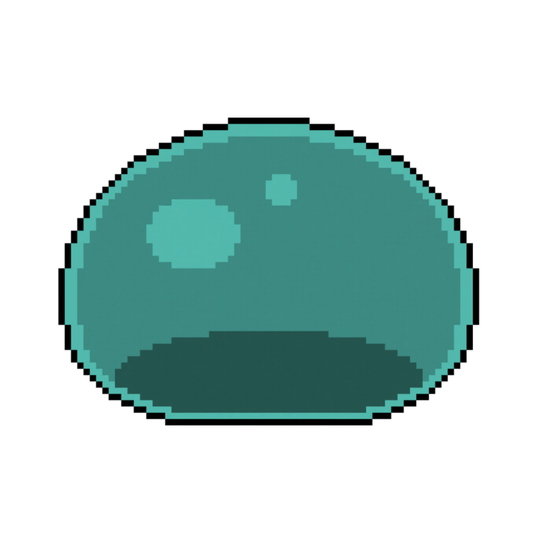 Pixel art of a light green slime in retro style