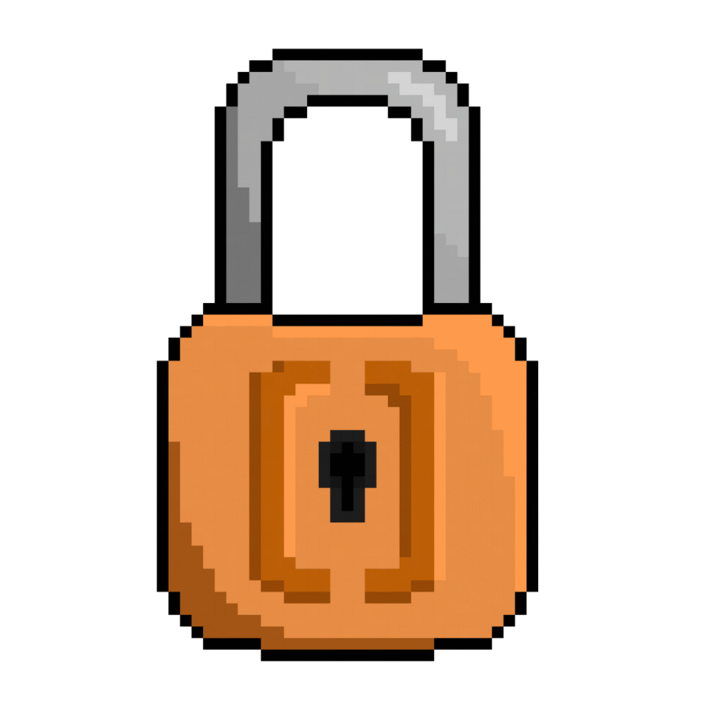 Pixel art of a closed antique padlock in retro style
