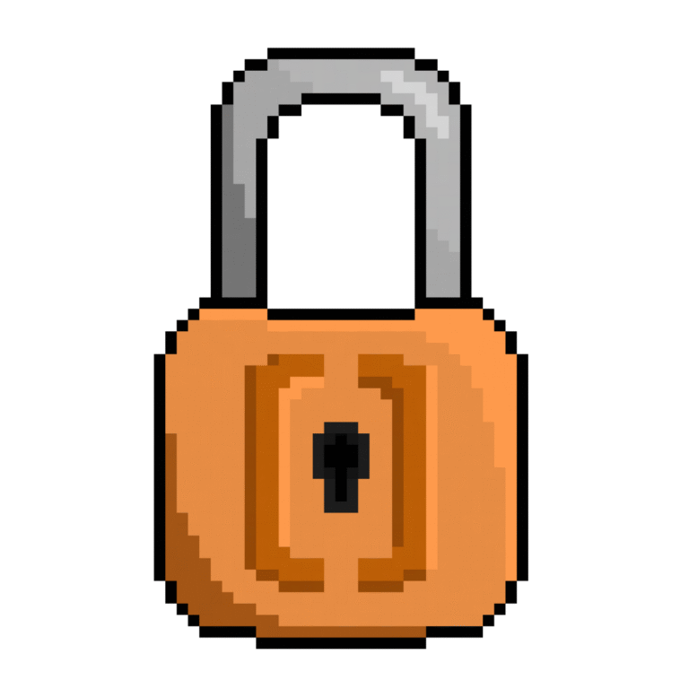 Pixel art of a closed antique padlock in retro style