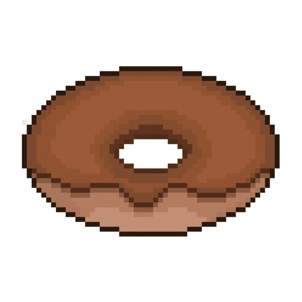 Pixel art of a chocolate donut in retro style