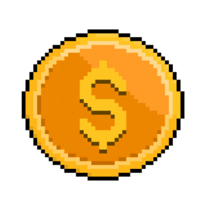 Pixel art of a gold coin with a dollar sign in retro style