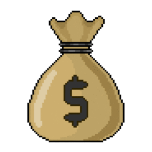 Pixel art of a money bag with a dollar sign in retro style