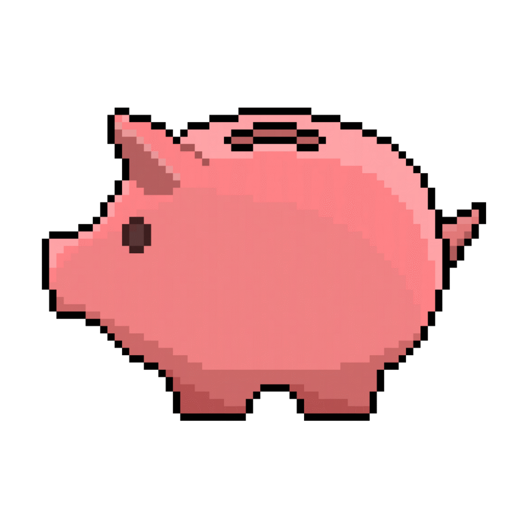 Pixel art of a pink piggy bank in retro style