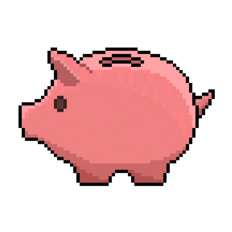 Pixel art of a pink piggy bank in retro style