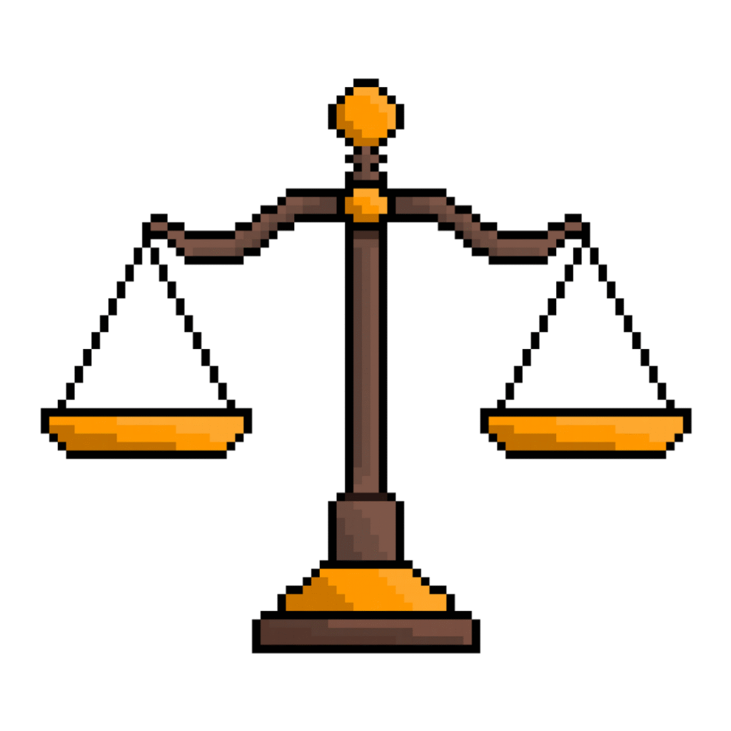 Pixel art of a wooden justice scale in retro style