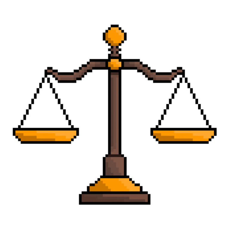 Pixel art of a wooden justice scale in retro style