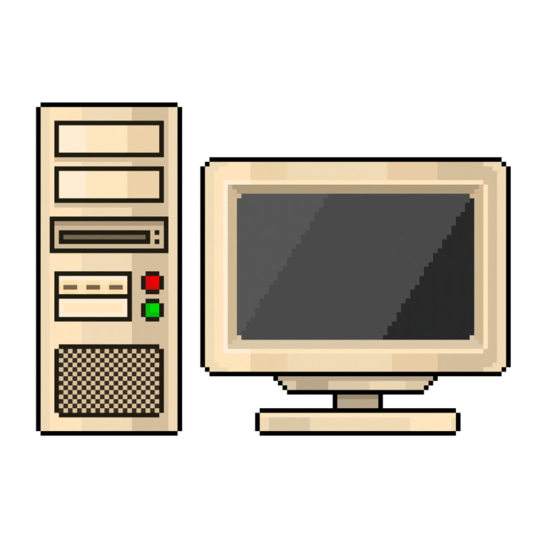 Pixel art of a vintage computer with monitor and CPU case
