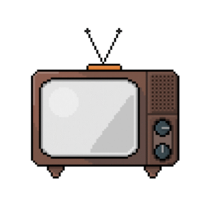 Pixel art of a vintage wooden TV set in 64x64